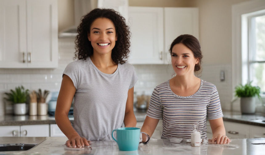 A smiling woman stands behind a kitchen island. A coffee mug sits on the island, emitting water vapor.