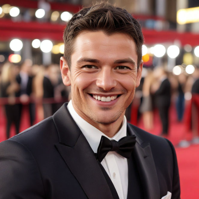 A famous male celebrity smiles confidently on a red carpet, exuding charisma and self-assurance.