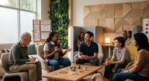 Diverse group of autistic adults and allies in a community discussion setting, inclusive workplace environment with sensory-friendly design elements, natural lighting, authentic and respectful representation, documentary-style photography.