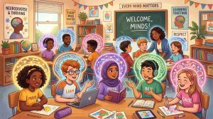 Diverse group of individuals with soft glowing outlines representing different brain patterns in an inclusive classroom setting.