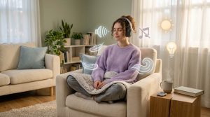 Soft-lit room with calming colors, a person wearing noise-canceling headphones surrounded by floating icons of sound, light, and texture