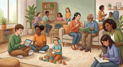 Inclusive educational illustration representing autism through diverse individuals with different communication styles and sensory experiences, warm modern healthcare and community setting, respectful non-stereotypical representation, soft natural lighting, realistic digital illustration, no text.
